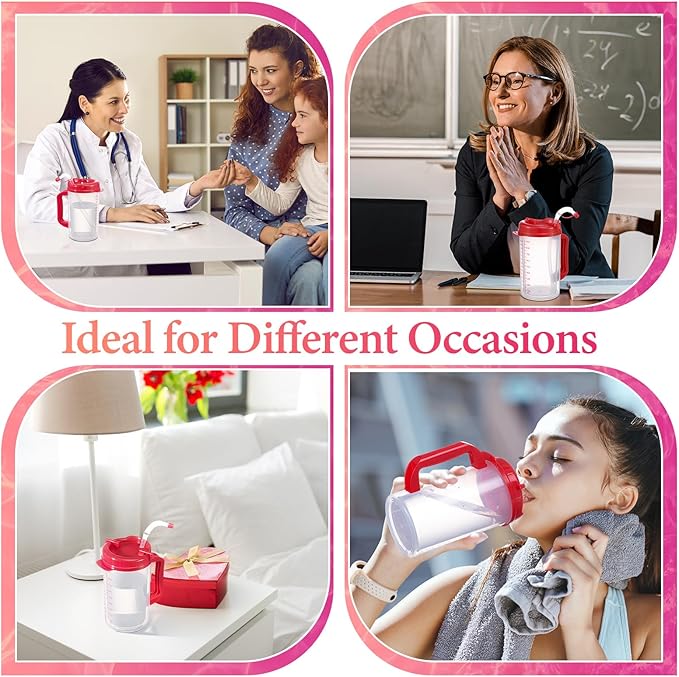 32 oz Hospital Water Cup with Straw and Lid Insulated Double Walled Water Cup with Handle and Straw Elderly Bottle Plastic Drinking Hospital Carafe Insulated Mug(Red,4)