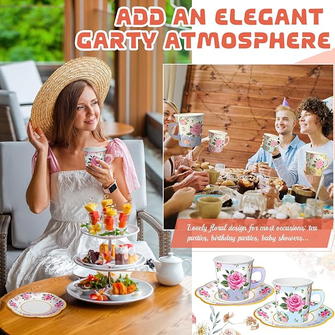 36 Sets Tea Party Decorations 6.5 oz Floral Paper Tea Cups with Handle and Plates Disposable Blossom Teacups and Saucers Sets for Girls Kid Birthday Garden Wedding Party Supplies(Gradient Mixed Color)