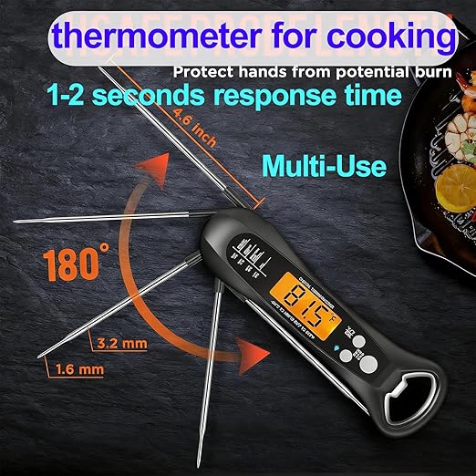 Instant Read Meat Thermometer for Cooking – Waterproof Digital Food Thermometer with Backlit LCD, Long Probe, Fast Accurate Kitchen Thermometer for BBQ, Grill, Candy & Oil (°C/°F)