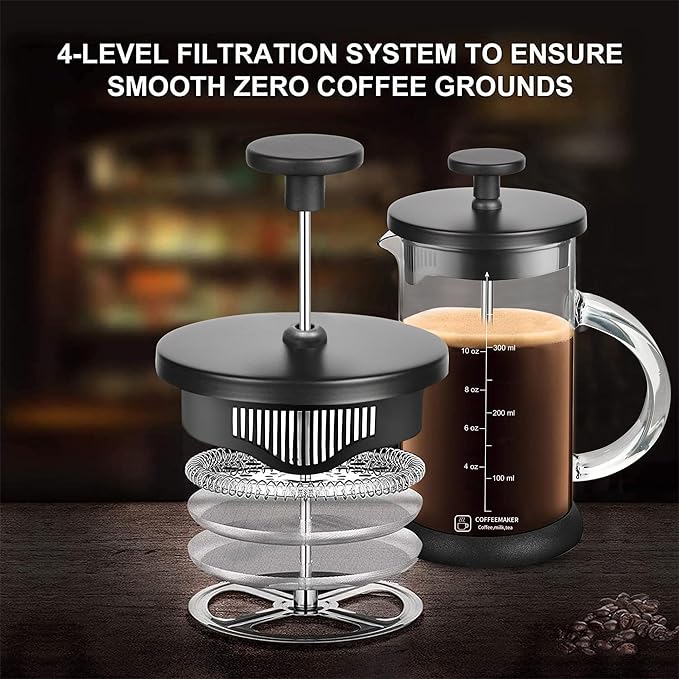 French Press Coffee Maker 12 Ounce Espresso Tea Coffee Maker with 4 Filters System, Stainless Steel Plunger and Heat Resistant Borosilicate Glass BPA-Free Brewed Tea Pot Coffee Plunger