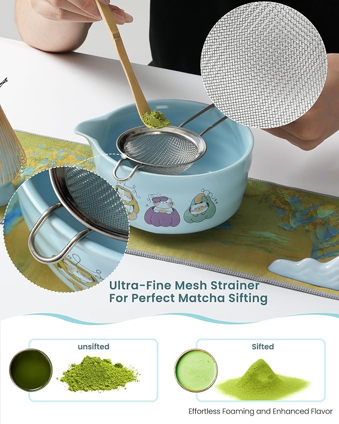 Matcha Whisk Set, 18OZ 7 Pcs Japanese Matcha Kit Includes Matcha Bowl with Spout, Bamboo Whisk, Chasen Holder, Stainless Sifter, Scoop and Rest, Tea Towel, Matcha Tea Set Home Kitchen Christmas