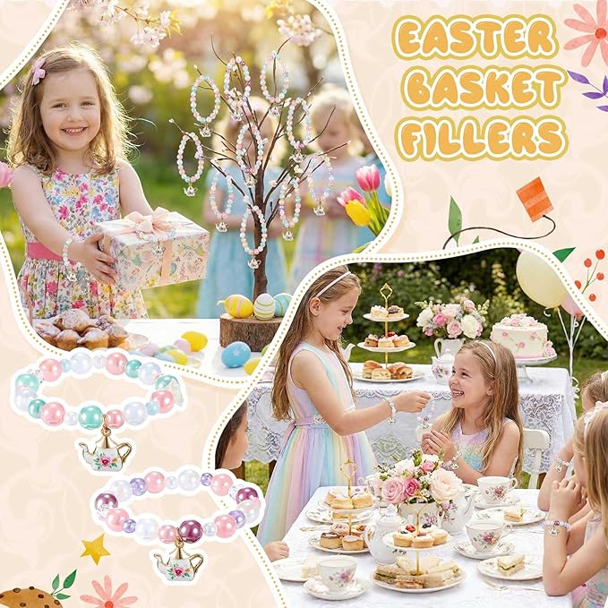 Ecally 12 Pcs Tea Party Favors Bracelet Gift Tea Pot Beaded Bracelet Bulk Party Supplies Pot Pendant Accessories Decorations for Kids Girl