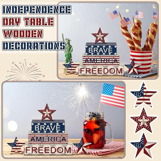Geelin 6 Pieces 4 of July Table Decorations Patriotic Memorial Day Wooden Block Signs Red White Blue Tabletop Centerpieces Farmhouse Independence Day Tiered Tray Decor for Home 250th Anniversary