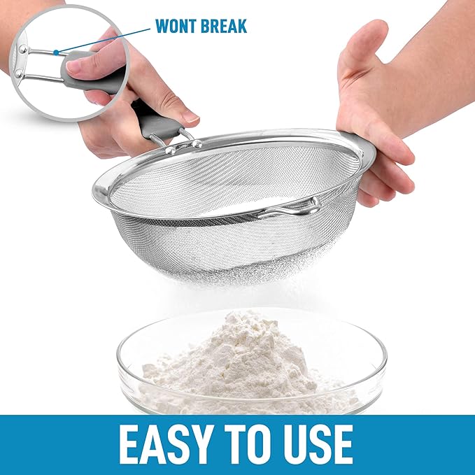 Zulay Kitchen Premium Stainless Steel Fine Mesh Strainer Set - Strainers For Kitchen (Set of 3) With Non-Slip Handles - Includes A Small, Medium & Large Fine Mesh Sieve Set - Durable Metal Strainer