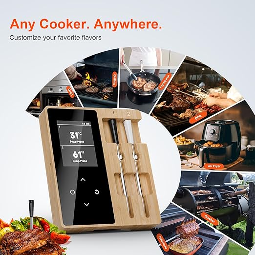 Meat Thermometer Digital,with Dual Ceramic Probes/Standalone Display Base 3000FT Range Smart Real-time Monitoring ±0.5°F Accuracy,for BBQ/Oven/Grill/Smoker/Air Fryer