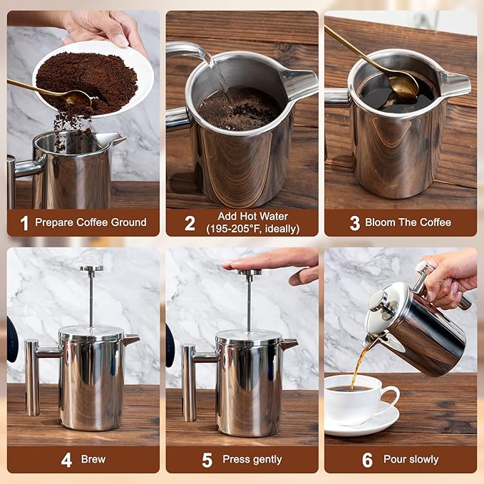 French Press Coffee Maker with Scale, 304 Stainless Steel French Press, 17OZ, Double-Wall Insulated, Food Grade, Suitable for Kitchen and Travel Camping