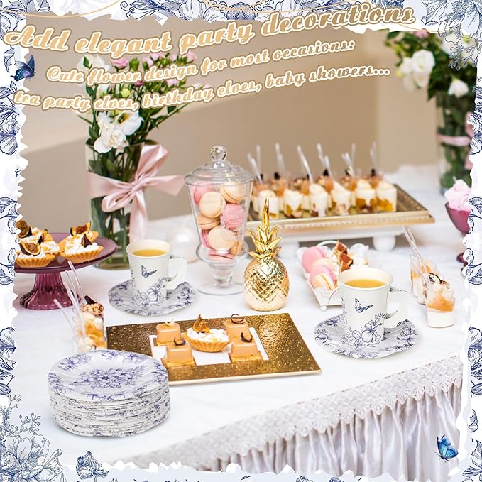 Tioncy 100 Pcs Tea Party Decorations Include 50 Pieces 9 oz Paper Tea Cups with Handle and 50 Plates Disposable Teacups and Saucers Sets for Birthday(Blue and White Floral)
