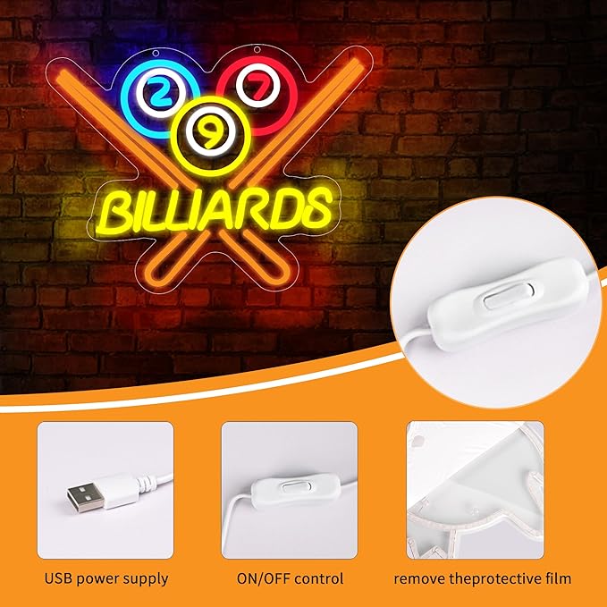 Billiards Neon Sign for Wall Decor Bright Led Neon Light for Business Sign Billiards Led Lights for Billiards Lover Present Gym Bar Snooker Club Billiards Room Man Cave Size 13.8 * 11.4in(XD351)
