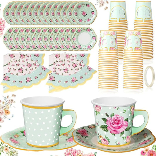 Umigy 36 Sets Tea Party Decorations 6.5 oz Floral Paper Tea Cups with Plates Paper Napkins Disposable Blossom Teacups and Saucers Sets for Girls Birthday Party Supplies(Green)