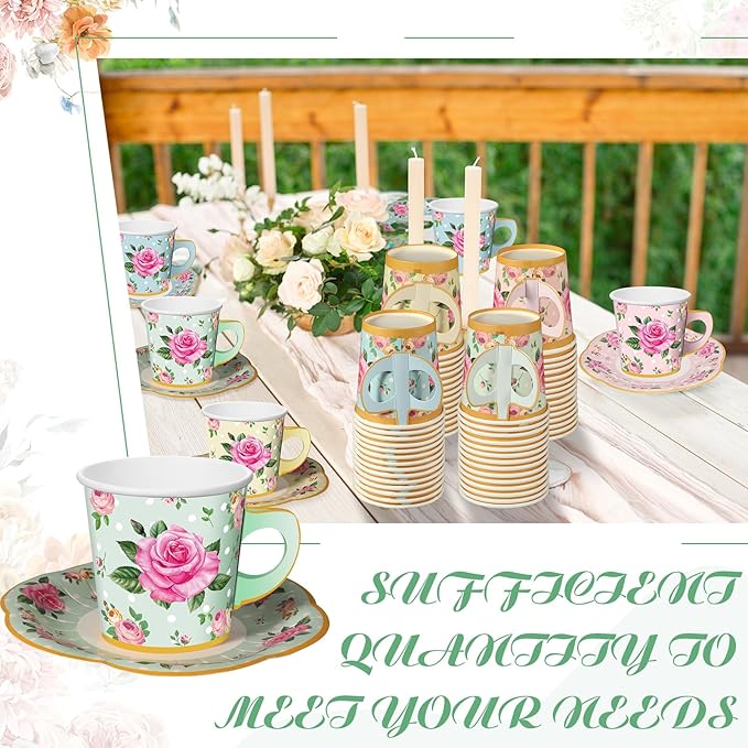 Umigy 60 Sets Tea Party Decorations 6.5 oz Floral Paper Tea Cups with Handle and Plates Disposable Blossom Teacups and Saucers Sets for Girls Kids Birthday Garden Wedding Party Supplies(Multicolor)