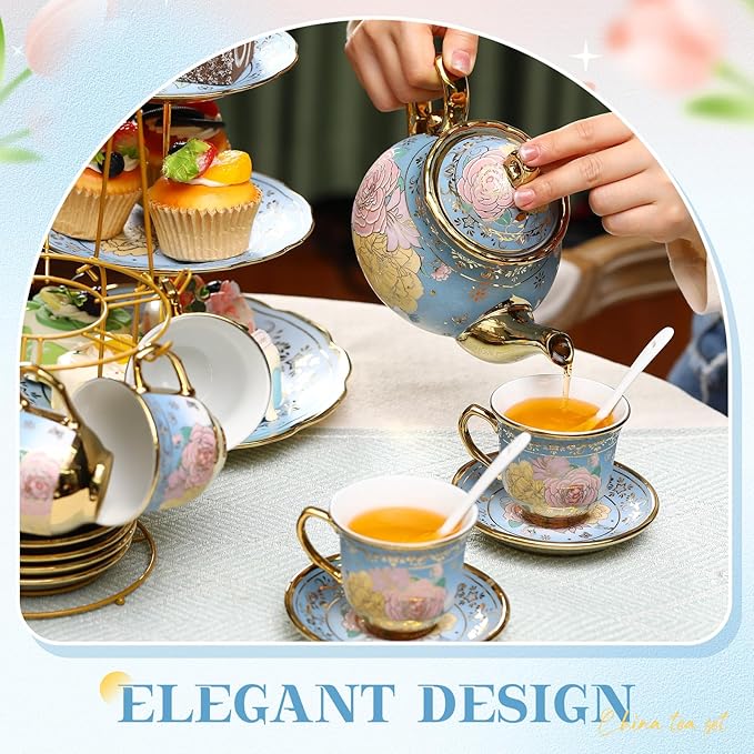 21 Pcs Ceramic Teapot Set Vintage Porcelain Tea Cups with Metal Holder and High Tier Cupcake Stand Saucers for Women Girls Farmhouse European Weddings Party Decor Gifts(Blue,Vivid)