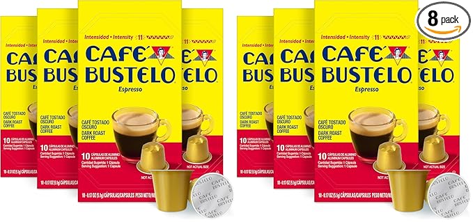 Café Bustelo Aluminum Espresso Capsules, Dark Roast Coffee, Nespresso Original Line Compatible, Intensity 11, 10 Count (Pack of 8)