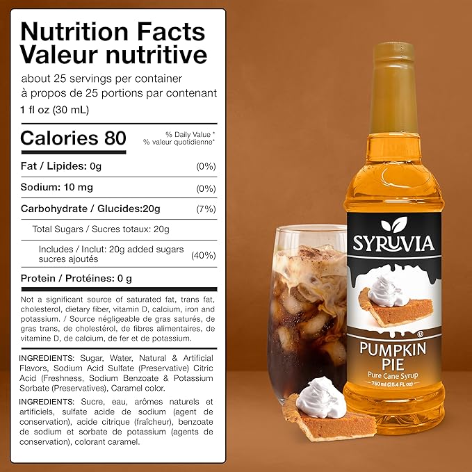 Syruvia Pumpkin Pie Coffee Syrup, Flavored Syrup for Drinks, Lattes, and Desserts – 25.4 fl oz, With Pump