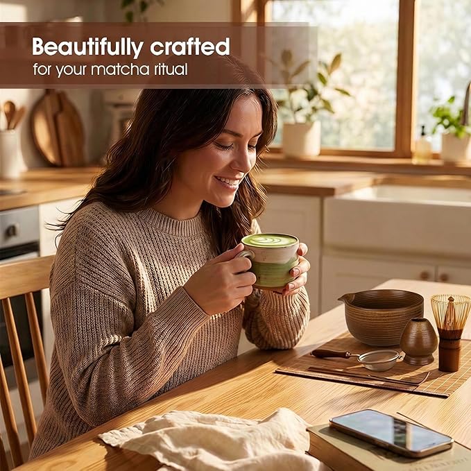 Matcha Whisk Set, 7-Piece Matcha Kit with Ceramic Matcha Bowl, Bamboo Whisk, Scoop & Sifter - Complete Matcha Tea Set Perfect for Beginners & Matcha Lovers, Brown