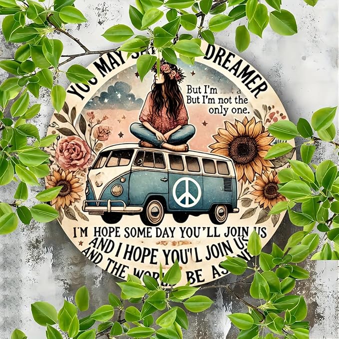 Hippie Van Round Aluminum Sign "Dreamer" Quote Wall Art Decor, Retro Floral Peace Bus Home Decoration, Funny Tin Plaque for Kitchen, Restaurant,Garage - 1 Piece Vintage Engraved 7.8 Inch - Image 2