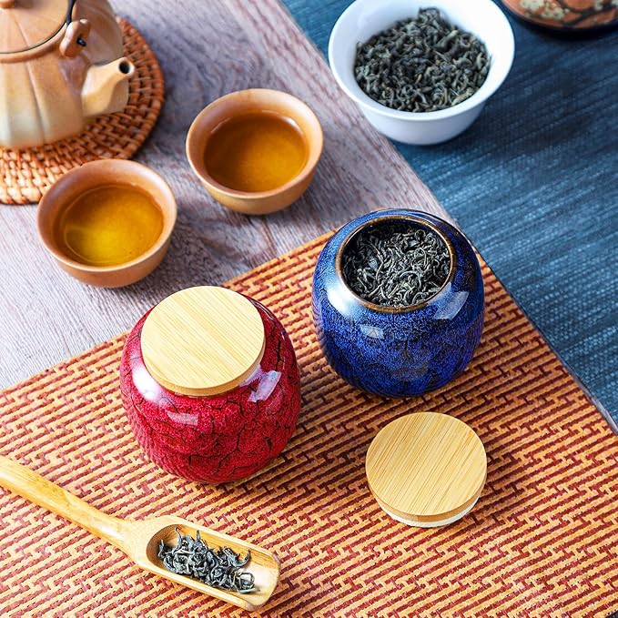 6oz Flambe Glaze Ceramic Loose Tea Canister Vintage Storage Jars with Airtight Wooden Lid Blue Matcha Tin Container for Coffee Beans Condiments