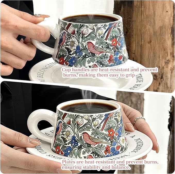 Ceramic Cup and Saucer Set, Luxurious Coffee/Tea Mug, Vintage Beautifully Printed Cups with Handle Practical Gifts for Women Housewarming/Birthday/New Year/Valentine's Day/Mother's Day, 8.8oz (White)