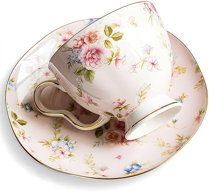 Exquisite Bone China Tea Cups and Saucer Set – Elegant Porcelain Tea Cups, Beautifully Detailed for Tea Lovers, Gift-Ready for Christmas, Hostess, Holiday Gift & Fall Decor