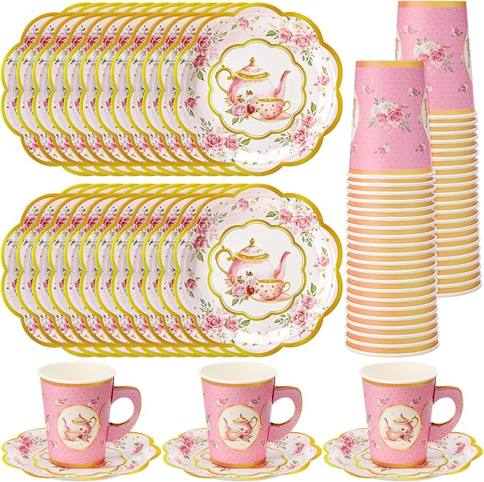 Domensi 60 Pieces Tea Party Decorations Include 30 Pcs 9 oz Paper Cups with Handle and 30 Pcs Tea Party Paper Plates Disposable Blossom Teacups and Saucers for wedding Favors(Teapot)