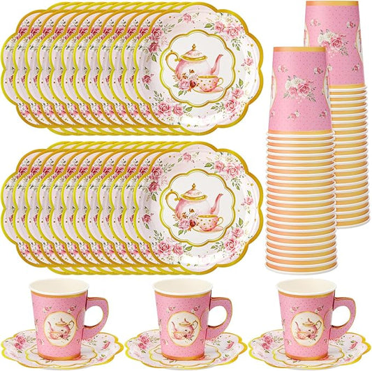 Domensi 60 Pieces Tea Party Decorations Include 30 Pcs 9 oz Paper Cups with Handle and 30 Pcs Tea Party Paper Plates Disposable Blossom Teacups and Saucers for wedding Favors(Teapot)