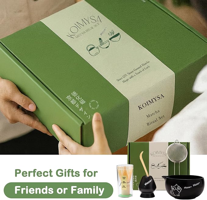 Matcha Whisk Set Black, Traditional Matcha Tool Set Kit Cat Design Ceramic Chawan Bowl and Bamboo Whisk Gift for Women Friend Tea Lover