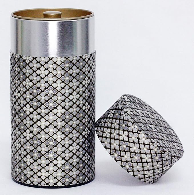 Washi Paper Tea Tin Canister: Long 7oz (200g) Silver Lining (#124), Japan