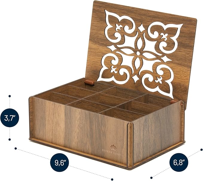 RoyalHouse Premium Wood (Hard MDF) Tea Storage Box Organizer (Walnut), Eco-Friendly Multi-Functional Decorative Box, 9 Compartments For Assorted Variety Of Tea Bags and Small Items
