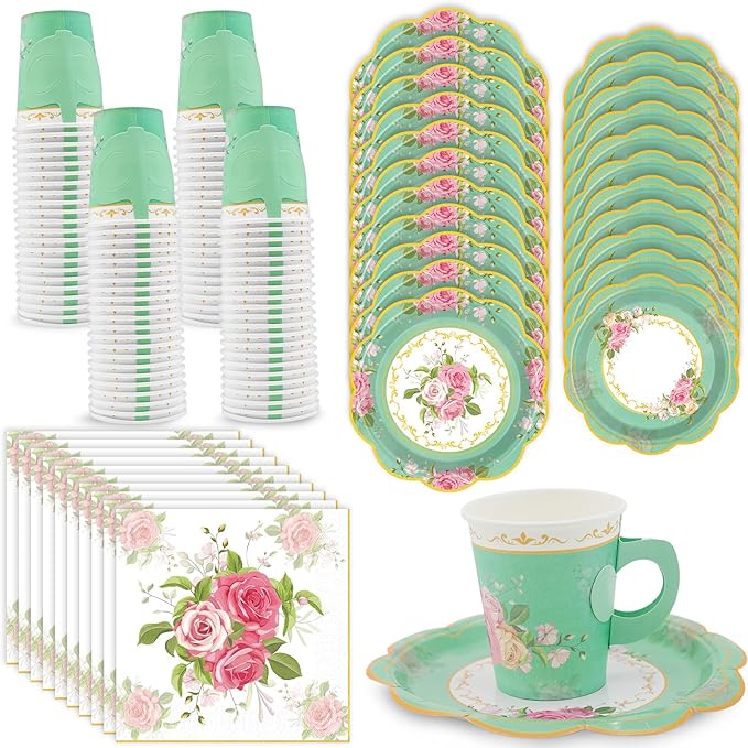 200Pcs Floral Tea Cups and Saucers for Tea Party Supplies, Disposable Tea Cups with Handle and Paper Napkins Dinnerware for Floral Theme Birthday Wedding Bridal Shower Baby Shower(Green)