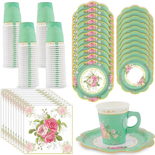 200Pcs Floral Tea Cups and Saucers for Tea Party Supplies, Disposable Tea Cups with Handle and Paper Napkins Dinnerware for Floral Theme Birthday Wedding Bridal Shower Baby Shower(Green)