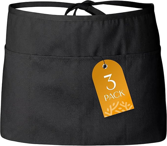 White Classic 3 Pack - Black Server Waist Aprons with 3 Pockets, Waitress Half Apron
