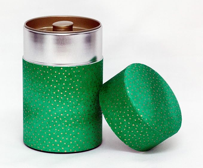 Washi Paper Tea Tin Canister: Long 3.5oz (100g) Dotted Green (#6), Japan