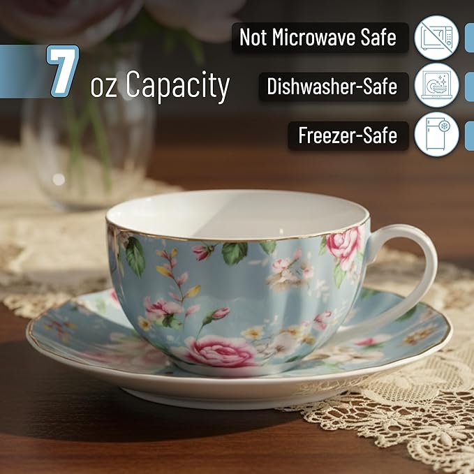 BTaT- Floral Tea Cups and Saucers, Set of 6, 7 oz, Fine Porcelain Teacup Set with Gold Trim for Afternoon Tea, Weddings, Parties & Gifting, Dishwasher Safe and Freezer Safe