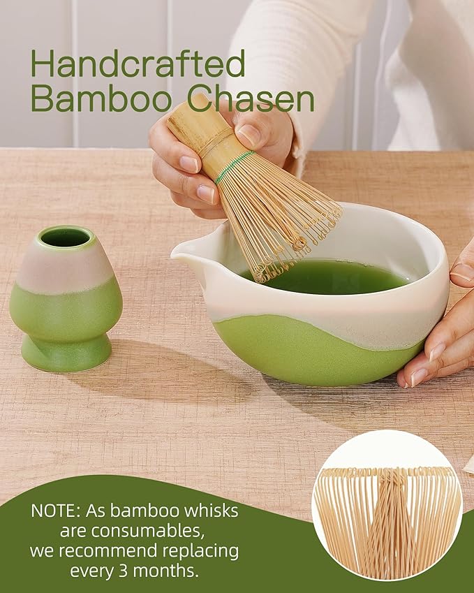 ZENS Matcha Whisk Set, 6pcs Matcha Kit Set, Matcha Bowl with Spout, Handcrafted Bamboo Whisk & Scoop, Chasen Holder, 304 Sifter & Tea Mat, Ideal Gift for Matcha Lovers, Birthday-Green