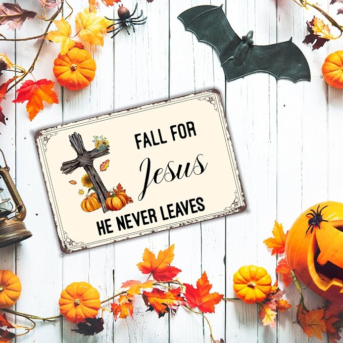 KanaAt Fall Metal Sign Home Decor Autumn Tin Sign Wall Decoration for Jesus He Never Leaves Wall Plaque Decor for Home Kitchen Porch Bedroom Porch Bedroom Coffee Shop Wall Decor 8x12 inch, diany-m83 - Image 6