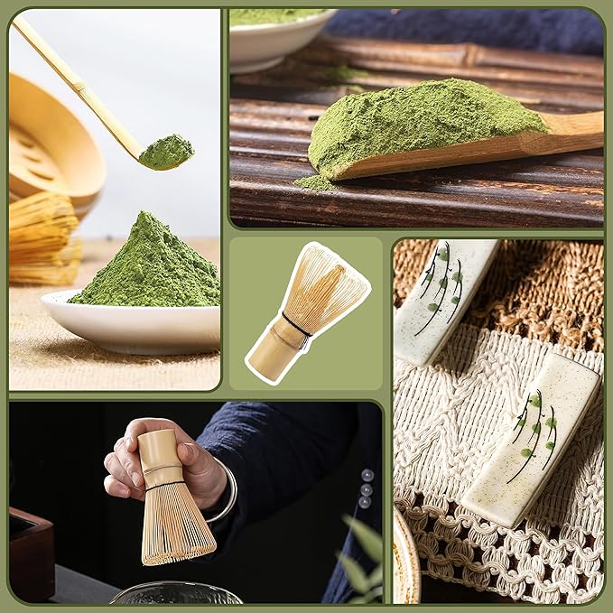 6 Pcs Matcha Whisk Set, Japanese Ceremonial Matcha Making Tools Kit for Bamboo Whisk, Matcha Scoop, Tea Spoon, Ceramic Whisk Holder, Spoon Holder, Powder Sifter - Matcha Green