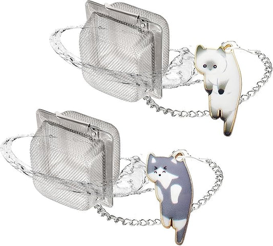 Cat Tea Infuser Set, 2 PCS Cube Tea Strainer for Loose Tea, Cute Cat Charm Pendant Tea Steeper, Stainless Steel Mesh Tea Diffuser for Extraction (White & Gray)