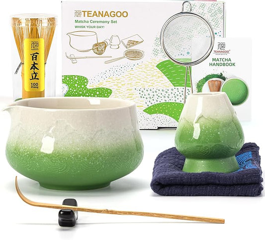 TEANAGOO 7 Pcs Matcha Whisk Set,Green Matcha Set, Ceremony Matcha Powder Kit,Matcha Tea Set for Making Latte,Matcha Whisk Set and Bowl with Scoop&Sifter,Fuji Design Ceramic Bowl,Gift for Matcha Lovers