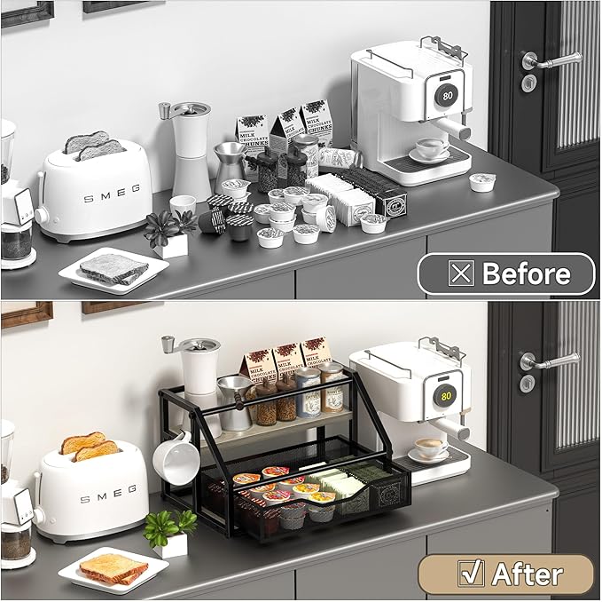 Coffee Syrup Rack Organizer, Syrup Bottle Holder Stand for Coffee Bar, 2-Tier 8 Bottles Storage Shelves for Syrup, Wine, Dressing for Kitchen Countertop, Greige
