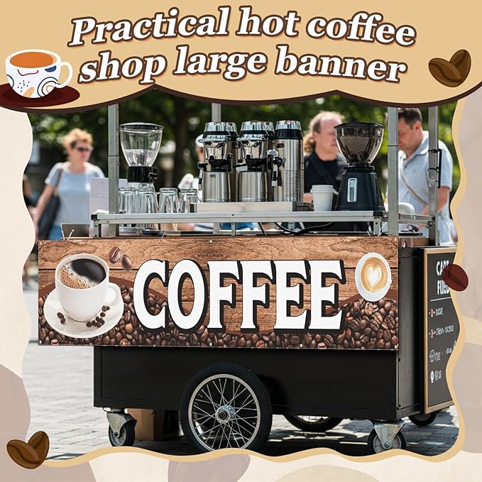 Tegeme Large Coffee Banner Sign Coffee Shop Banner Flag 2x10 Ft/ 24 x 120 Inch Oxford Fabric Cafe Business Sign for Easy Hang Indoor Outdoor