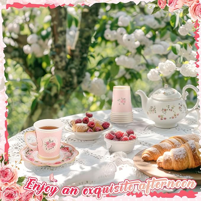Domensi 60 Pieces Tea Party Decorations Include 30 Pcs 9 oz Paper Cups with Handle and 30 Pcs Tea Party Paper Plates Disposable Blossom Teacups and Saucers for wedding Favors(Bright Style)