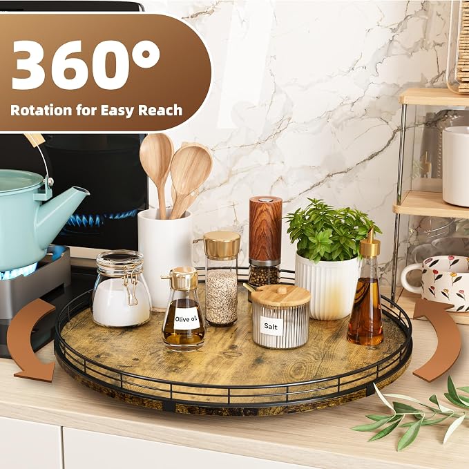 Lazy Susan Turntable Organizer for Table Top, 18’’ Round Wooden Lazy Susan for Cabinet Kitchen Countertop Pantry Dining Coffee Table for Condiments Spices, Rustic Bathroom Vanity Tray for Soap Candle - Image 3