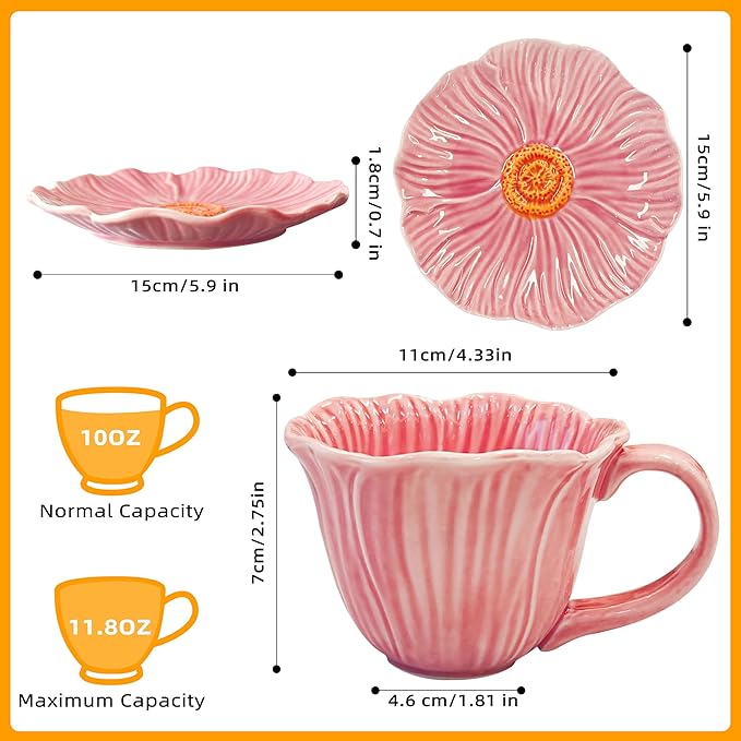 JUSONEY 10 oz Tea Cups and Saucers, Ceramic Flower-shaped Cappuccino Cup, Latte Cup and Saucer set, elegant floral Espresso Cup set, cups are microwave and dishwasher safe-Pink