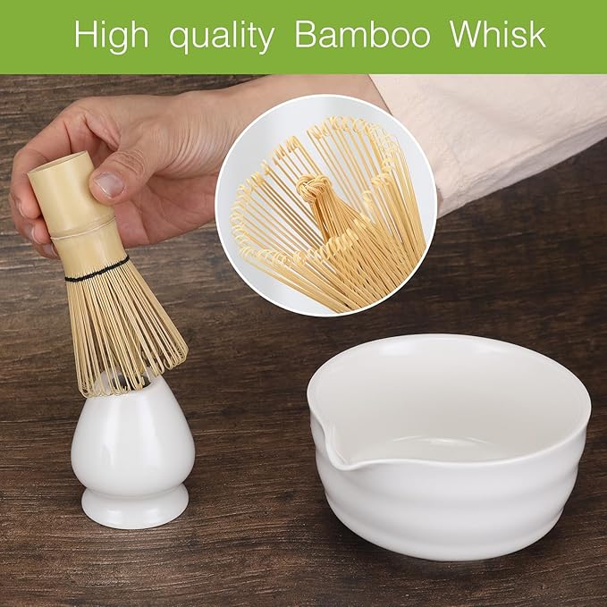 Matcha Whisk Set, 6 Pcs Matcha Set with Bamboo Matcha Scoop and Stainless Steel Sifter /Pouring Spout Ceramic Bowl/Matcha spoon/Matcha Whisk Holder, -19 oz Japanese Tea Ceremony Kit for Gifts (White)