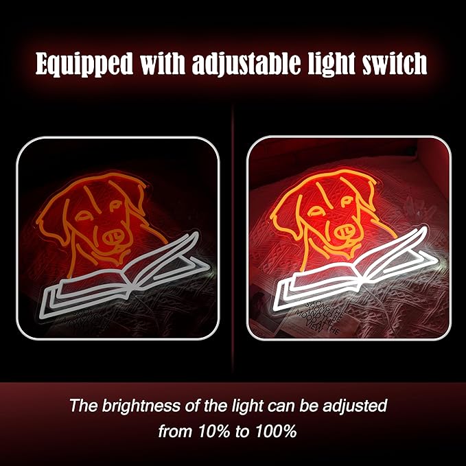 Golden Retriever Reading Book Neon Sign for Wall Decor Usb Powered Labrador Dog Light Up Sign Unique Dimmable Read Books Led Sign for Bookstore Study Room Cafe Pet Shop (16.14 * 12.6 in)