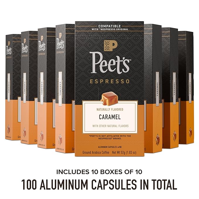 Peet's Coffee, Medium Roast Espresso Capsules, Compatible with Nespresso Original Machine - Caramel, 100 Count (10 Boxes of 10 Espresso Capsules)