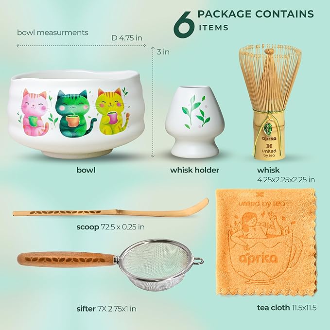 Matcha Gift Set 6 Pcs – Ceramic Bowl, Bamboo Whisk, Whisk Holder, Scoop, Sifter & Cloth – Traditional Japanese Set for Green Tea by Aprika Matcha (White with Cats)
