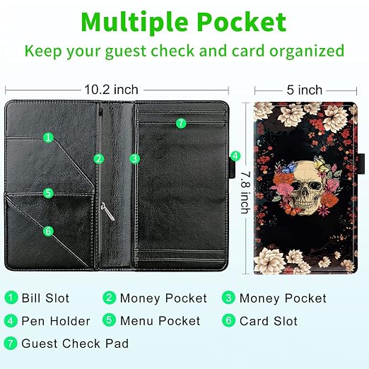 Server Books for Waitress, with 7 Large Pockets, Waiter Serving Book, Waitstaff Server Order Pads, Cute PU Leather Server Book with Pen Holder Fit Server Apron, Flower Skull Roses Butterfly - Image 3