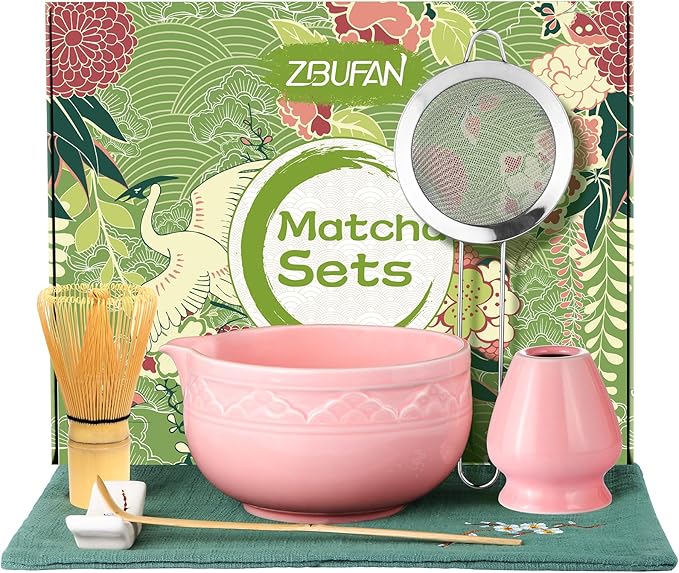 Matcha Whisk Set, ZBUFAN 7 Pcs Pink Matcha Kit with Bamboo Whisk(Chasen) and Holder, Ceramic Matcha Bowl with Spout, Japanese Tea Set with Matcha Sifter and Scoop