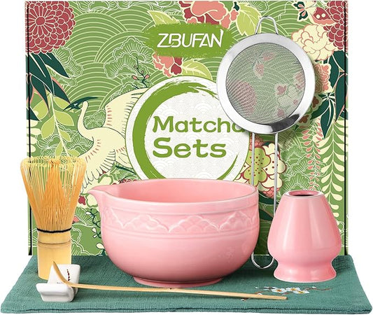 Matcha Whisk Set, ZBUFAN 7 Pcs Pink Matcha Kit with Bamboo Whisk(Chasen) and Holder, Ceramic Matcha Bowl with Spout, Japanese Tea Set with Matcha Sifter and Scoop