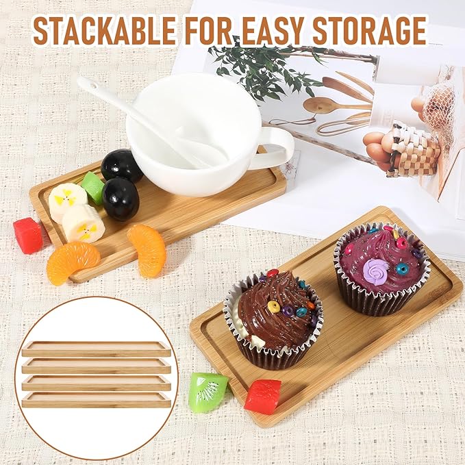 16 PCS Small Bamboo Tray, Bamboo Vanity Tray for Bathroom, Kitchen, Serving - Natural Rectangular Serving Trays for Perfume, Plants, Food - 6.9 x 3.5 x 0.4 Inches